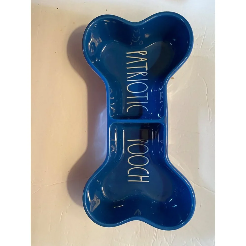 Rae Dunn Ceramic Blue Patriotic Pooch Dog Bone Shape Dog Bowl
